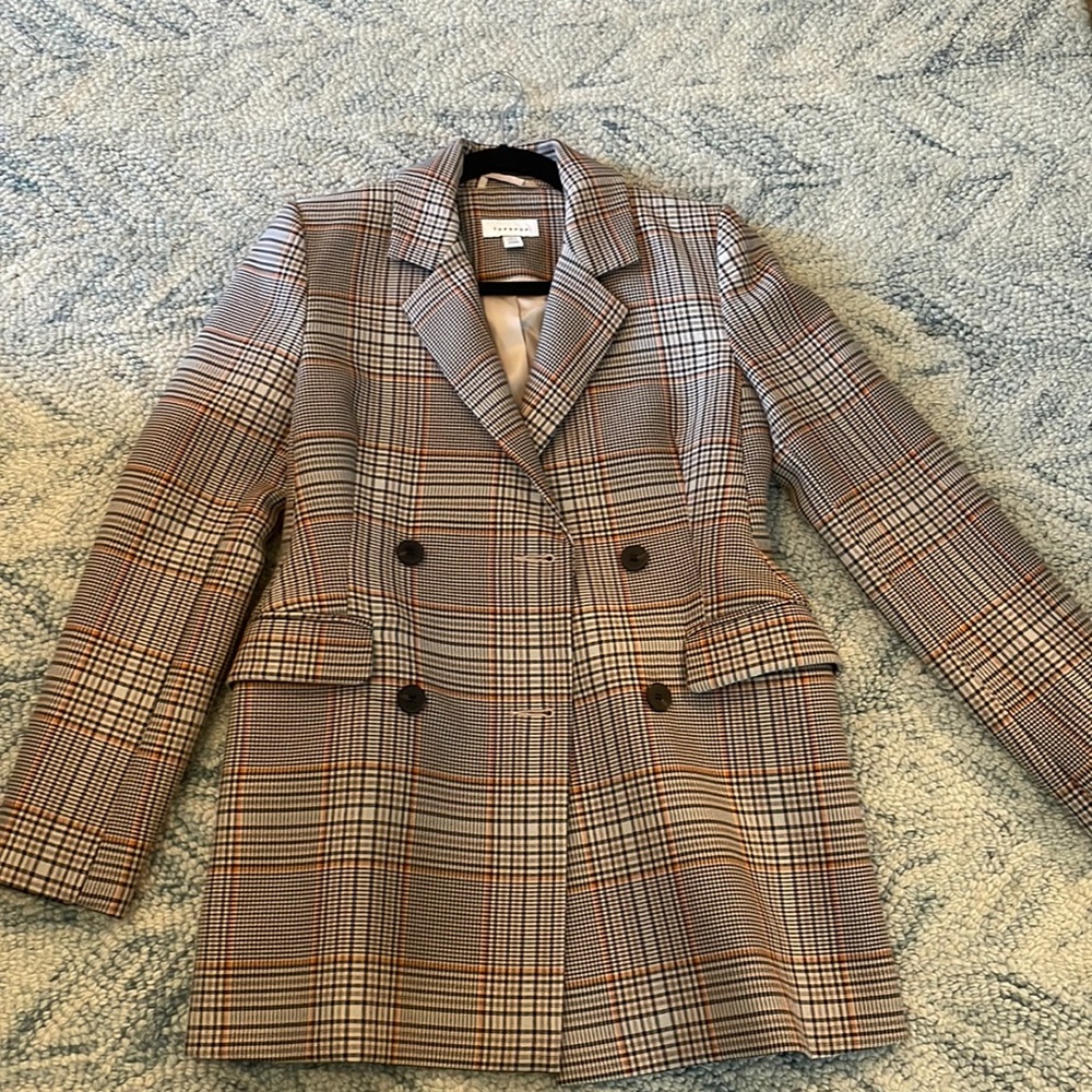 Topshop Blazer, never worn, tan and black with light blue and orange colors